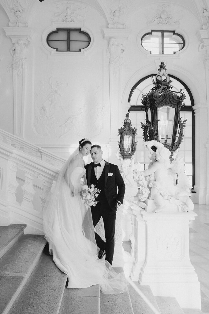 Grand staircase wedding portraits Belvedere museum Vienna
