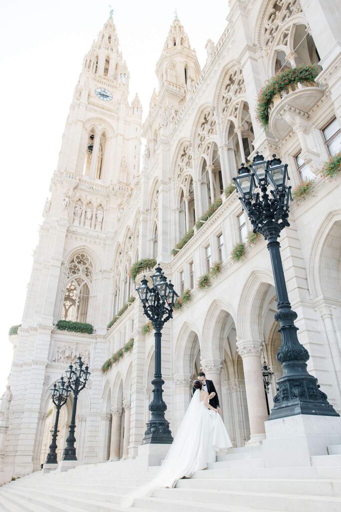 Couple portraits Rathaus Vienna destination wedding
