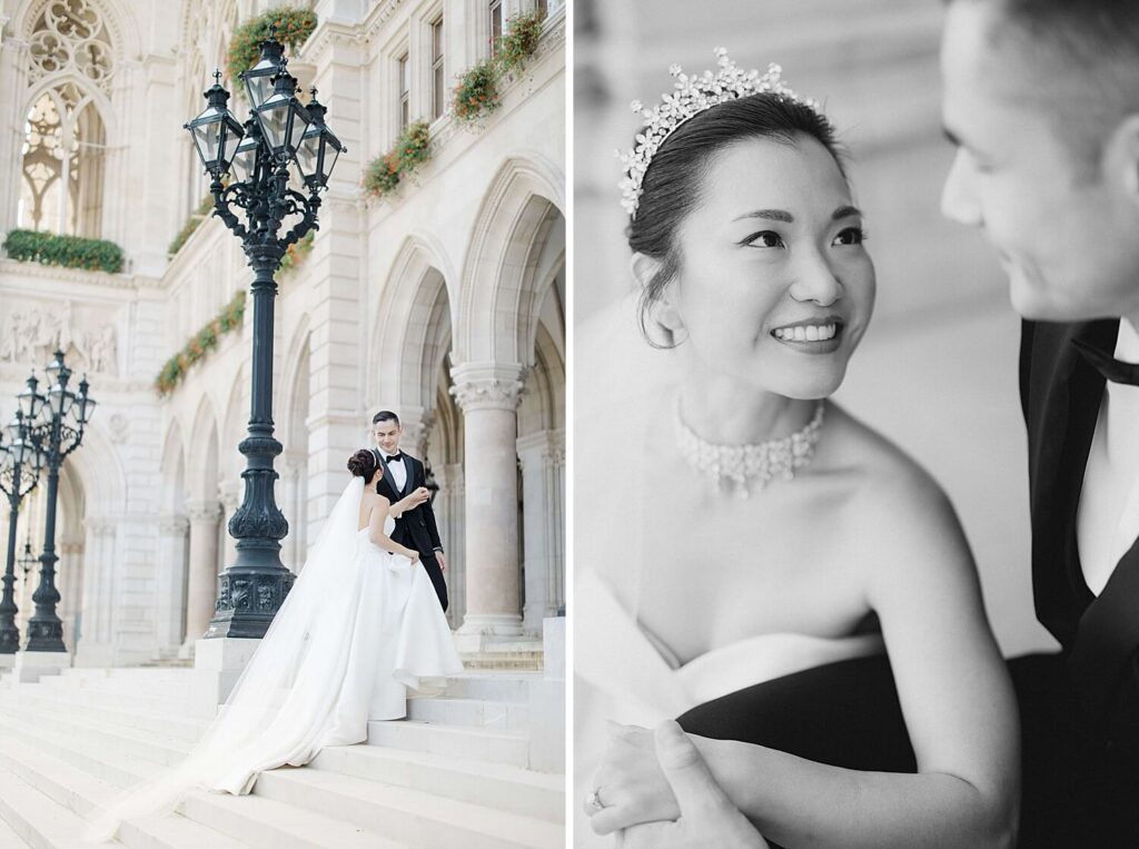 Couple portraits Rathaus Vienna destination wedding
