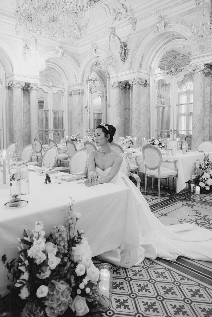 Bride at wedding dinner reception Palais Coburg Vienna
