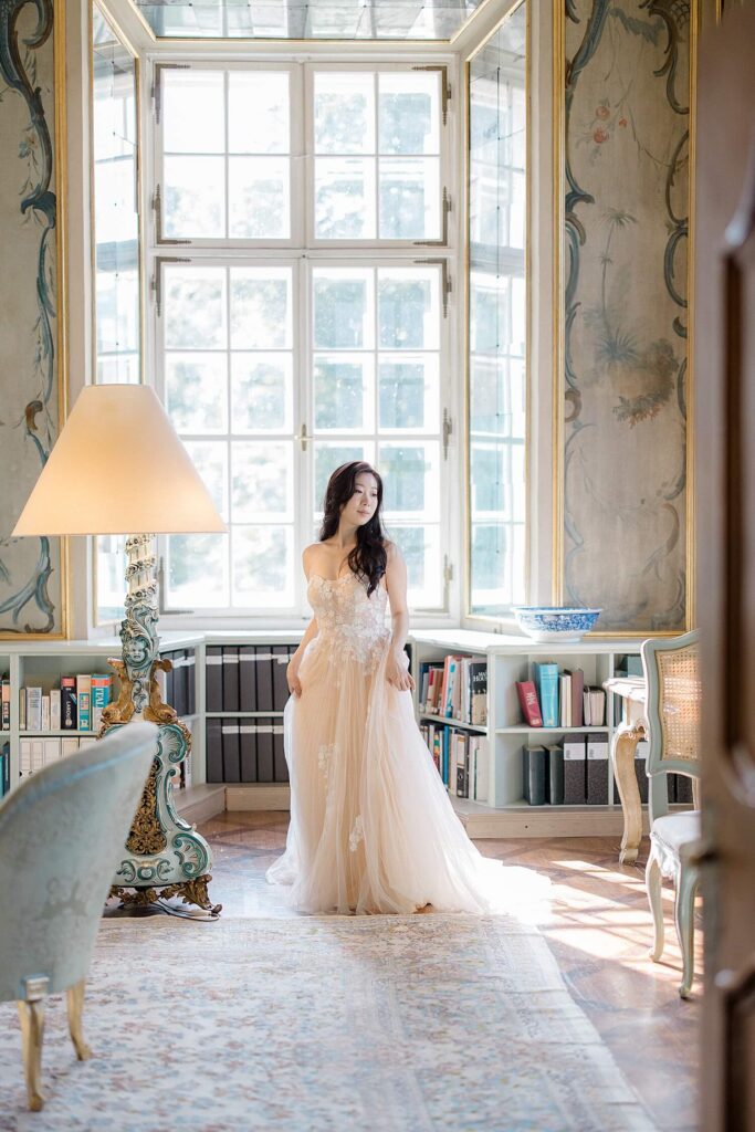 Bride getting ready in presidential suite Schloss Leopoldskron Salzburg
