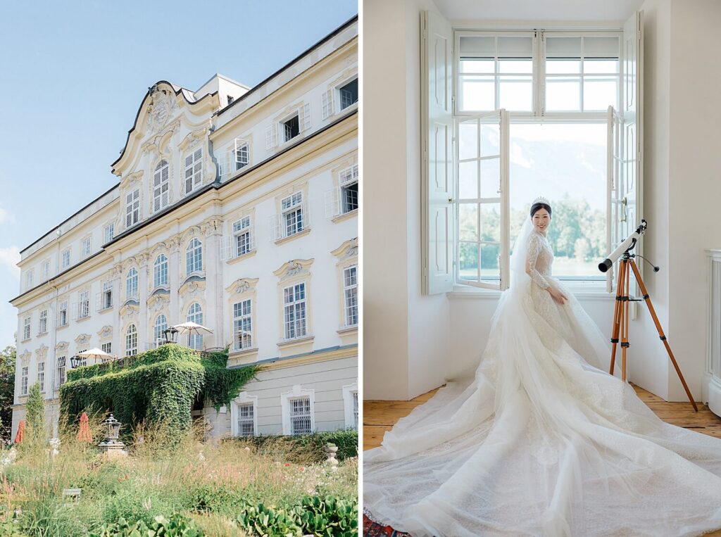 Bride getting ready in presidential suite Schloss Leopoldskron Salzburg
