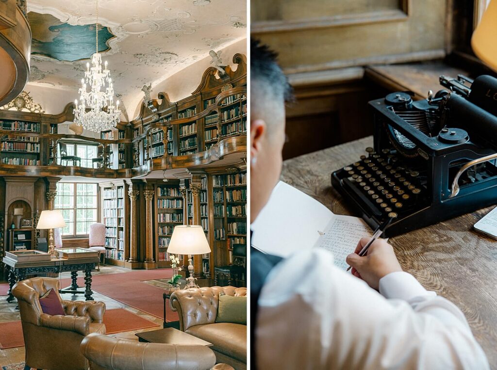 Groom getting ready in library at Schloss Leopoldskron Salzburg
