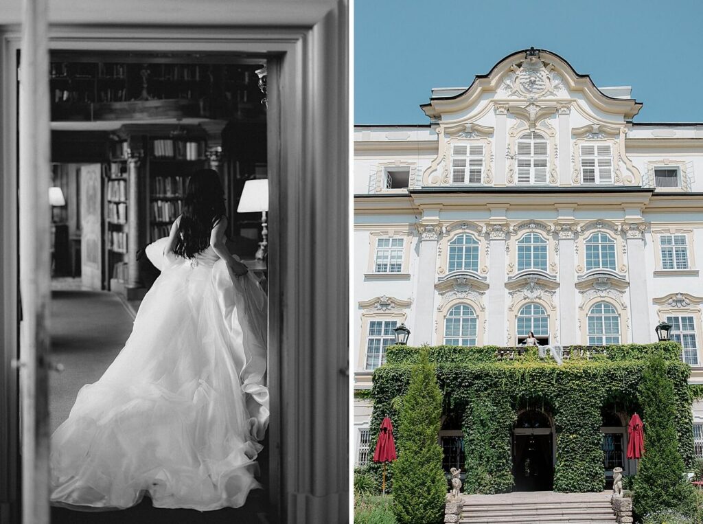 Bride getting ready in presidential suite Schloss Leopoldskron Salzburg

