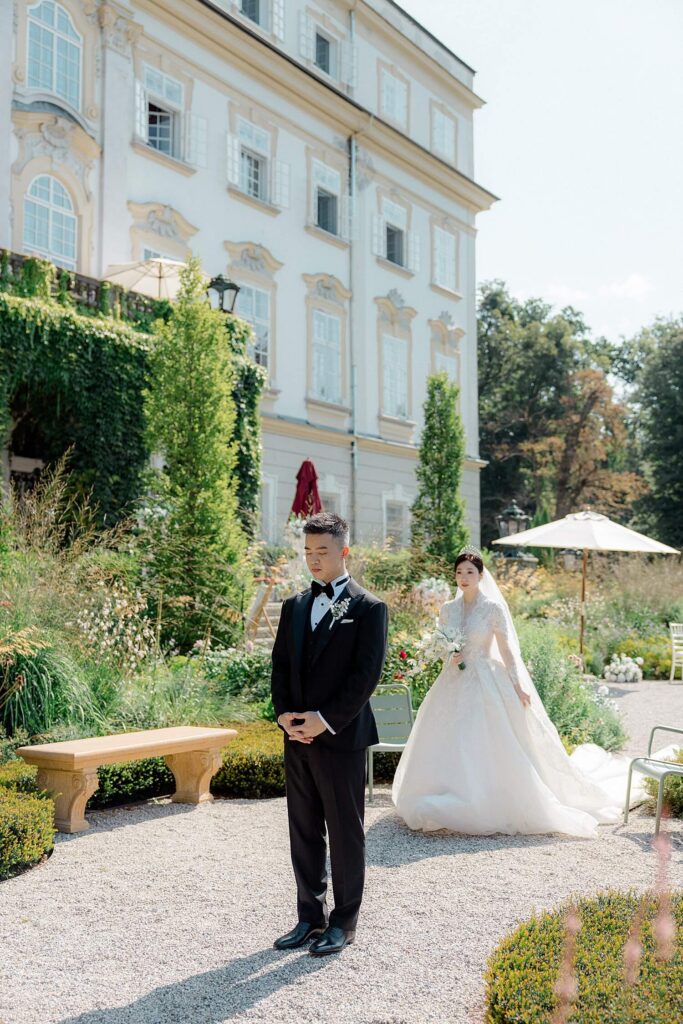 Emotional first look in castle gardens Schloss Leopoldskron Salzburg