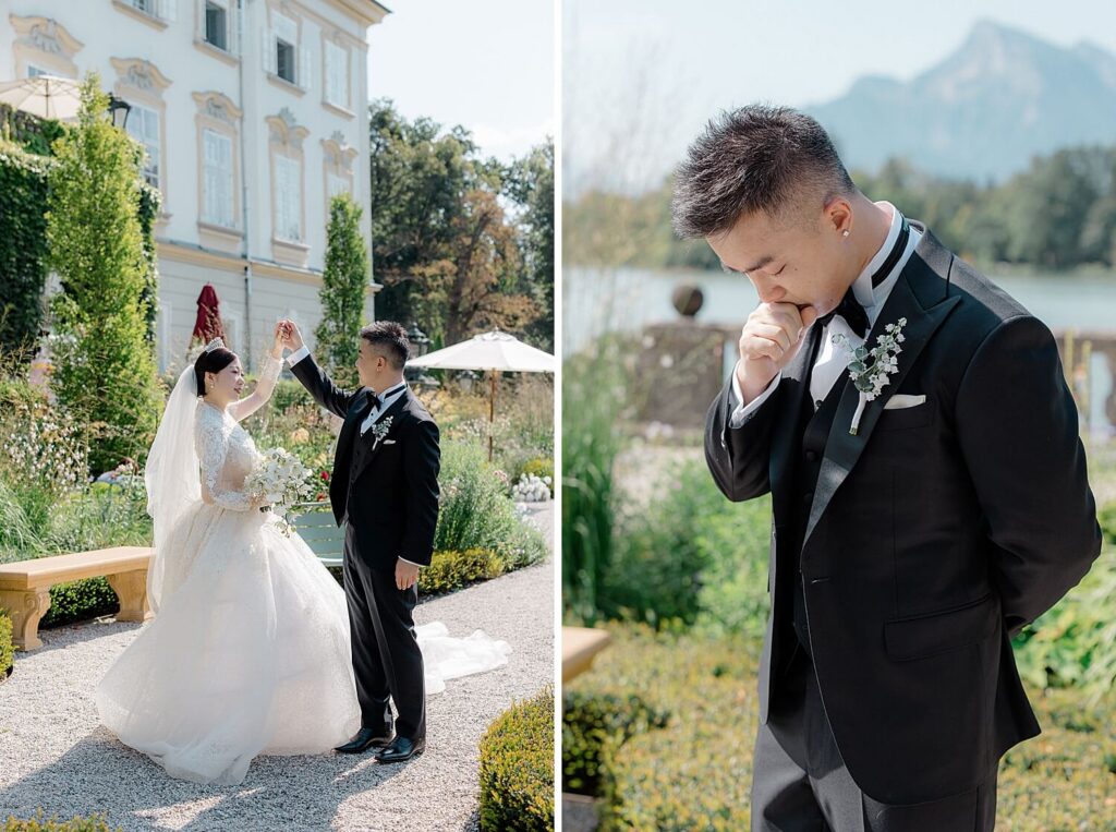 Emotional first look in castle gardens Schloss Leopoldskron Salzburg