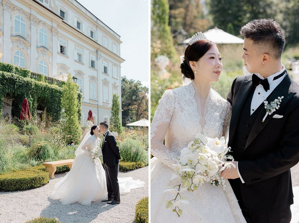 Emotional first look in castle gardens Schloss Leopoldskron Salzburg