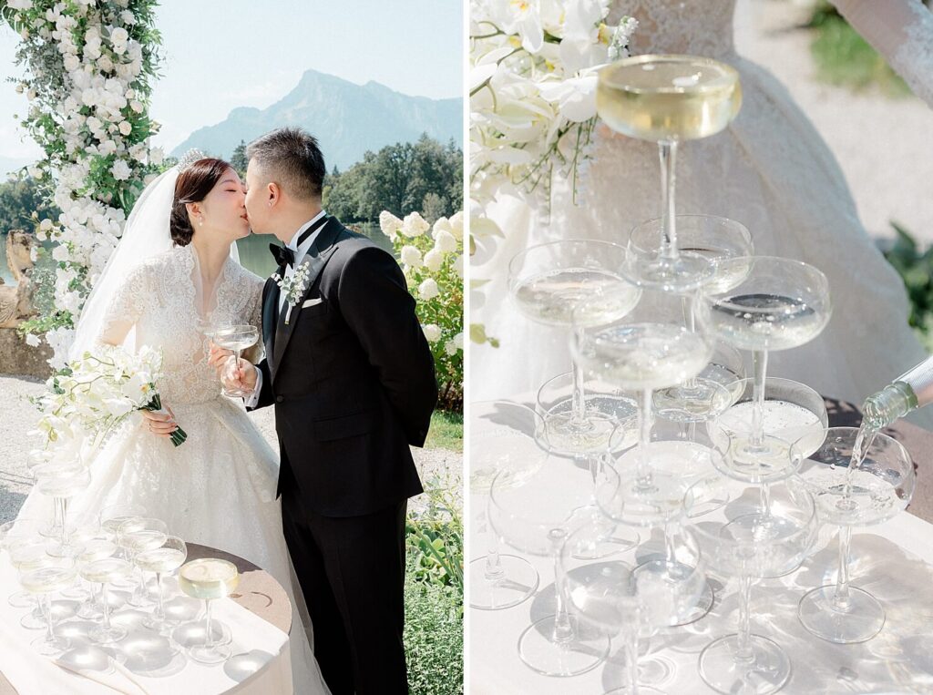 Champagne tower wedding Schloss Leopoldskron castle gardens