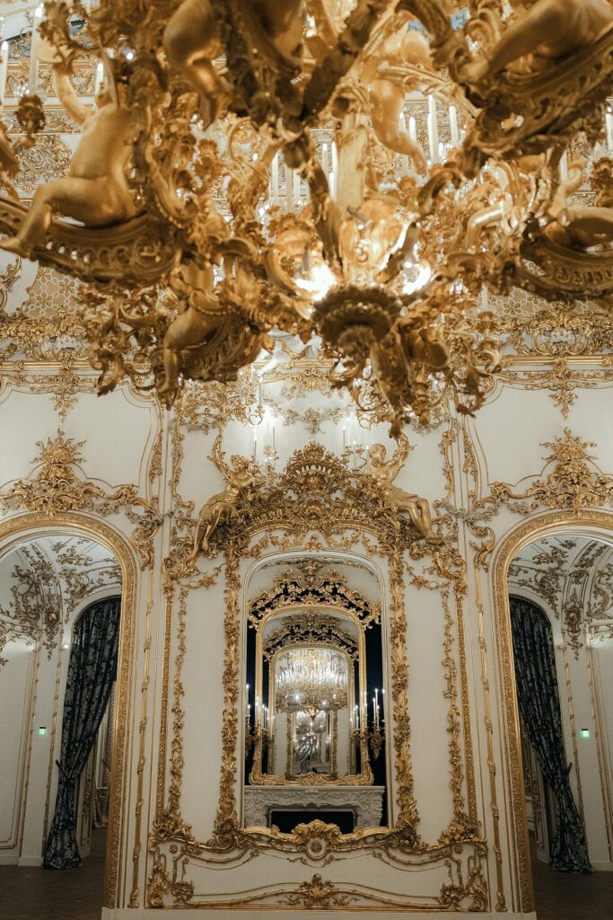 Gold chandeliers ballroom Stadtpalais Liechtenstein Vienna
